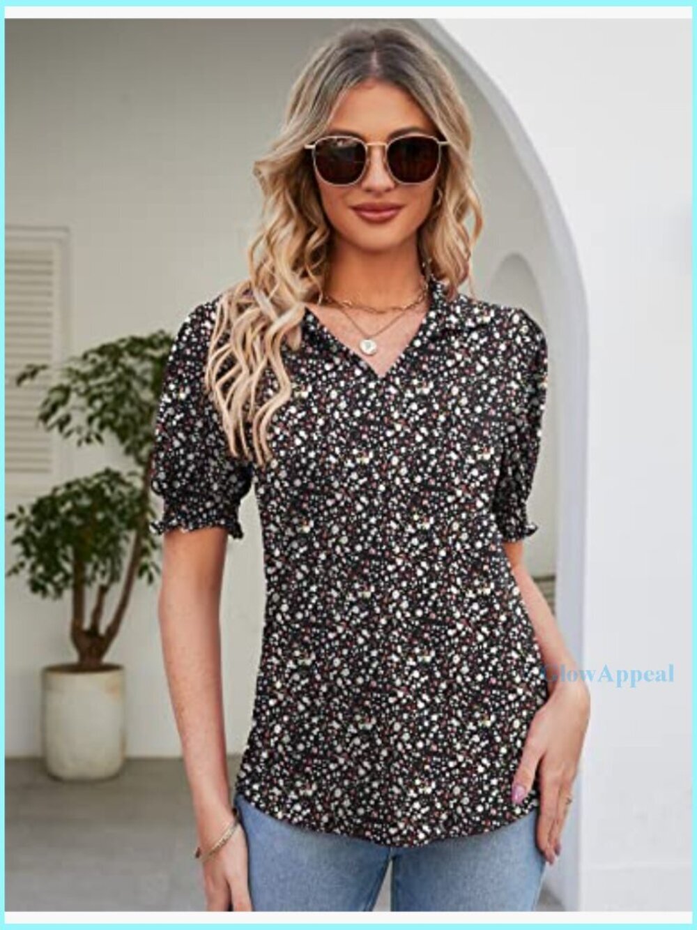 Women's V-Neck Polo Tunic with Puff Sleeves, Regular Fit, Lightweight Fabric - Picture 2 of 7